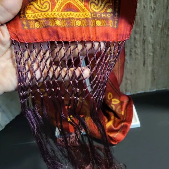 Vintage Echo Silk Tassel Scarf – Rust & Gold Paisley, 80” Bohemian Luxe - Picture 5 of 8